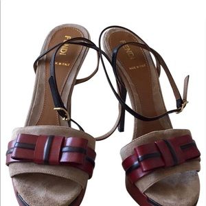 Fendi tan and burgundy leather sandals